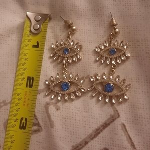Eye-Shaped Dangle Earrings with Blue Accents